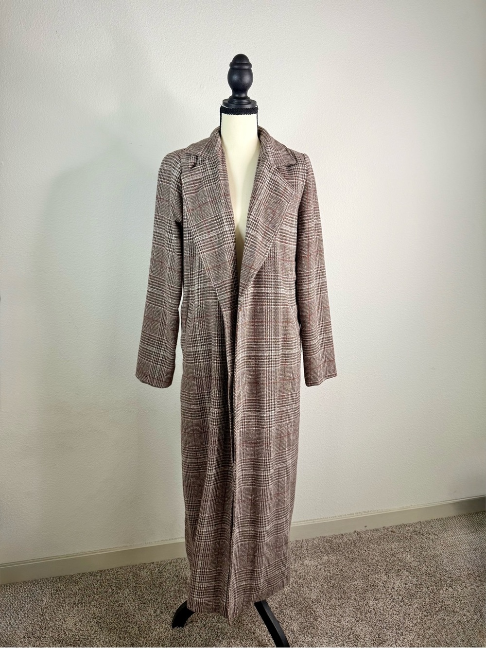 SHEIN Long Plaid Blazer Coat in Brown and Cream